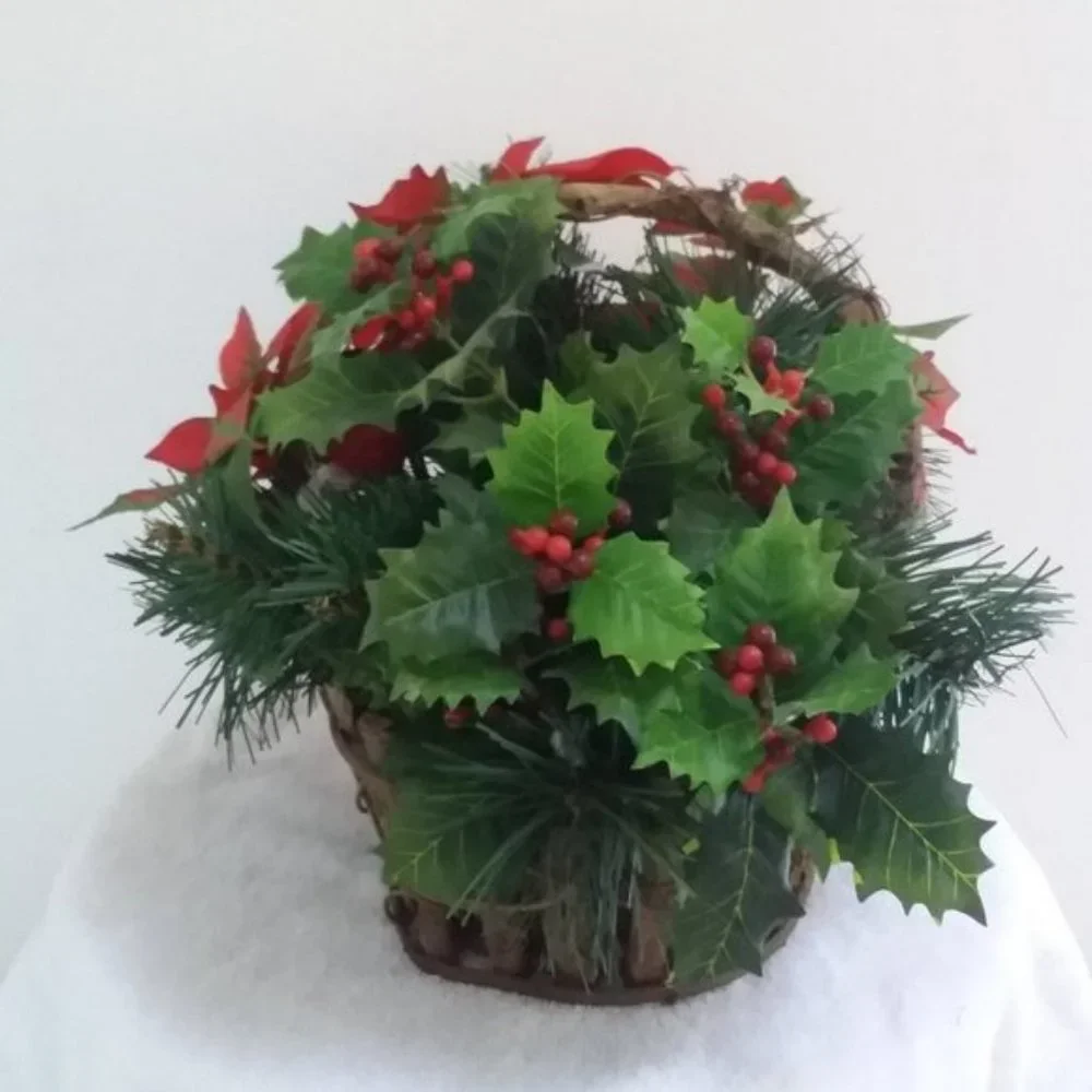 Christmas Grapevine BASKET Poinsettia Holly Berry Evergreen Holiday Décor